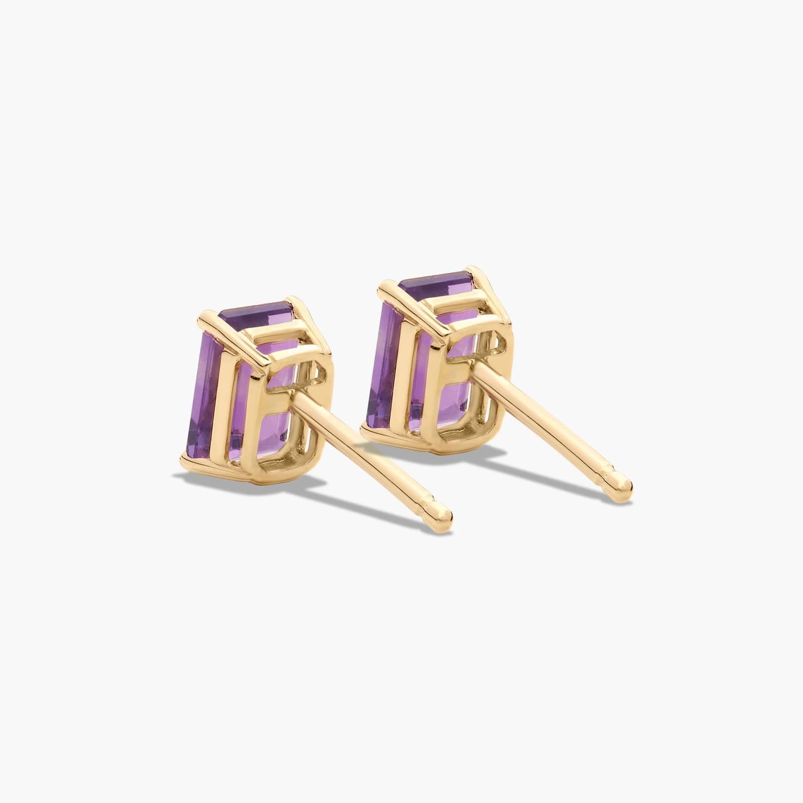 Emerald Cut Amethyst Birthstone Stud Earrings In 14K Yellow Gold