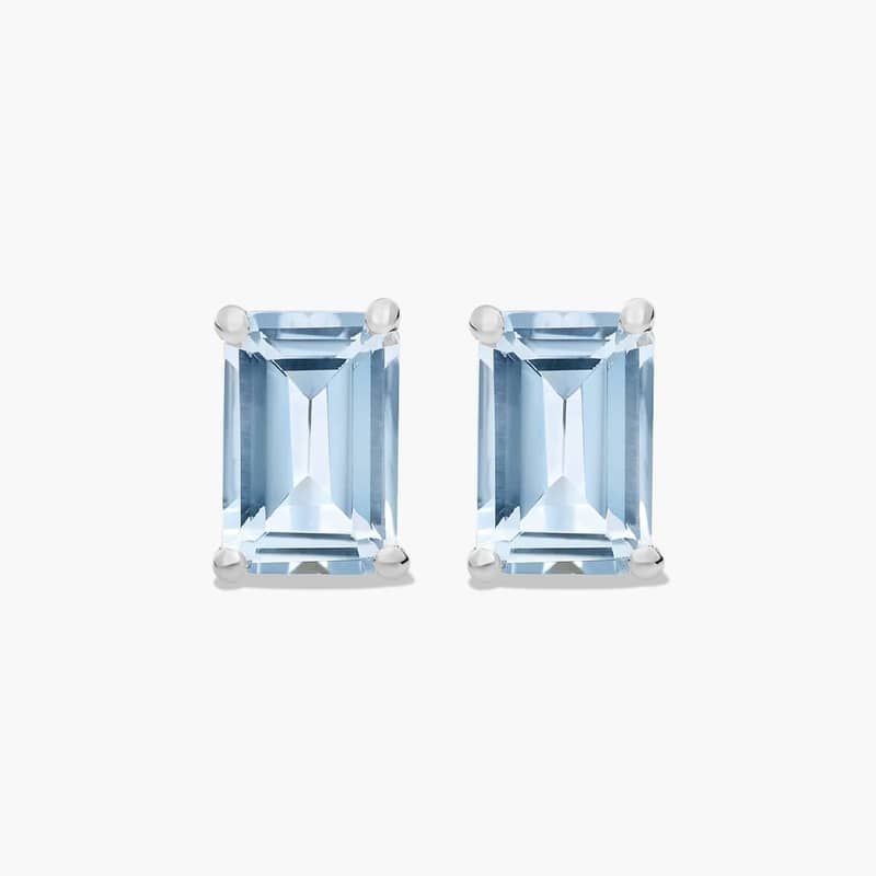 Emerald Cut Aquamarine Birthstone Stud Earrings In 14K White Gold