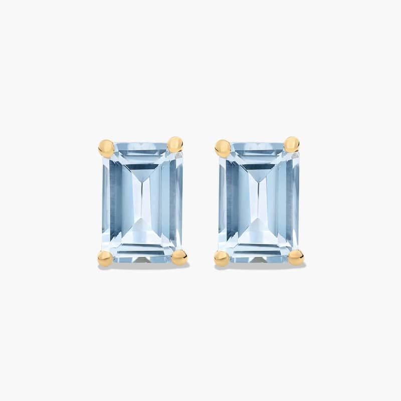 Emerald Cut Aquamarine Birthstone Stud Earrings In 14K Yellow Gold