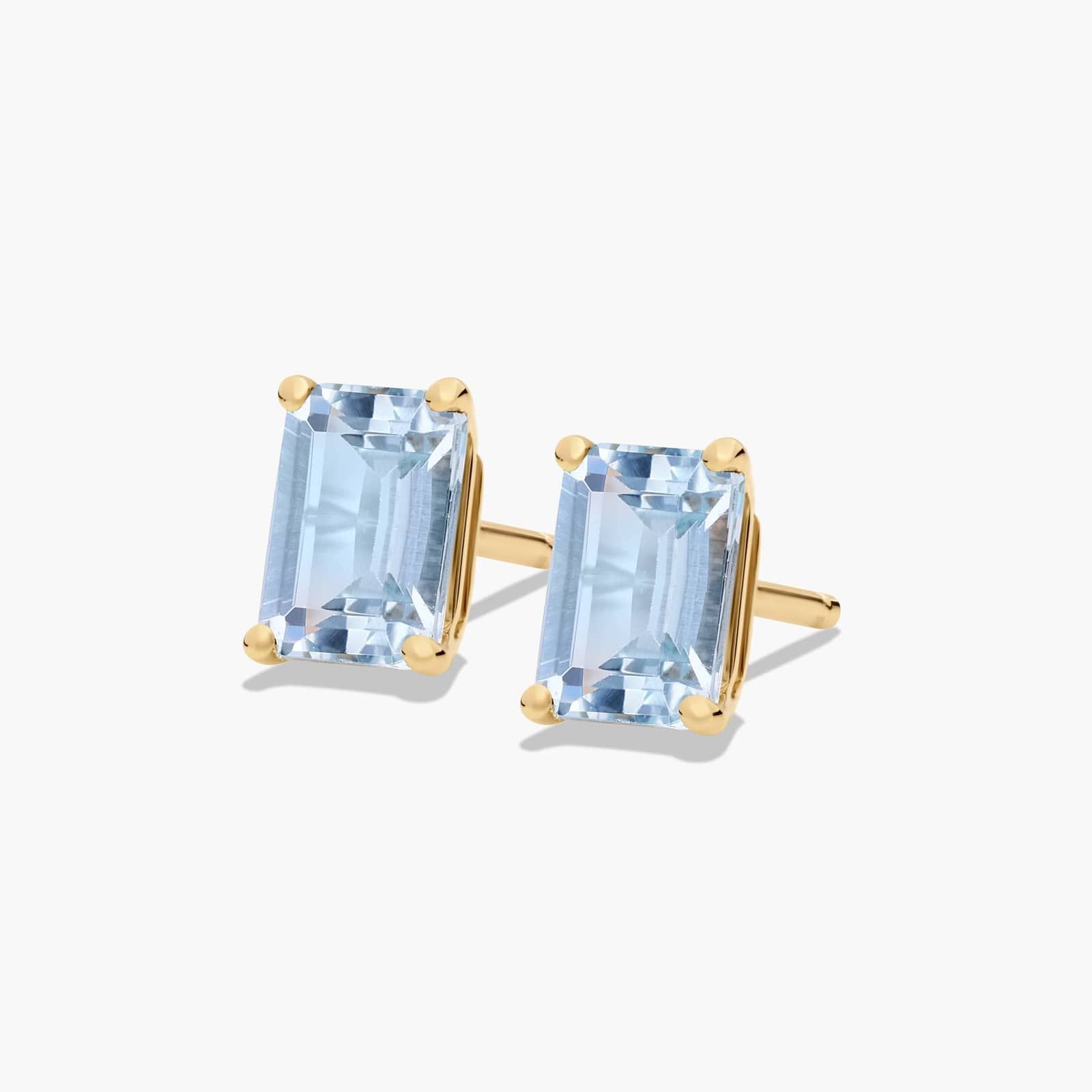 Emerald Cut Aquamarine Birthstone Stud Earrings In 14K Yellow Gold