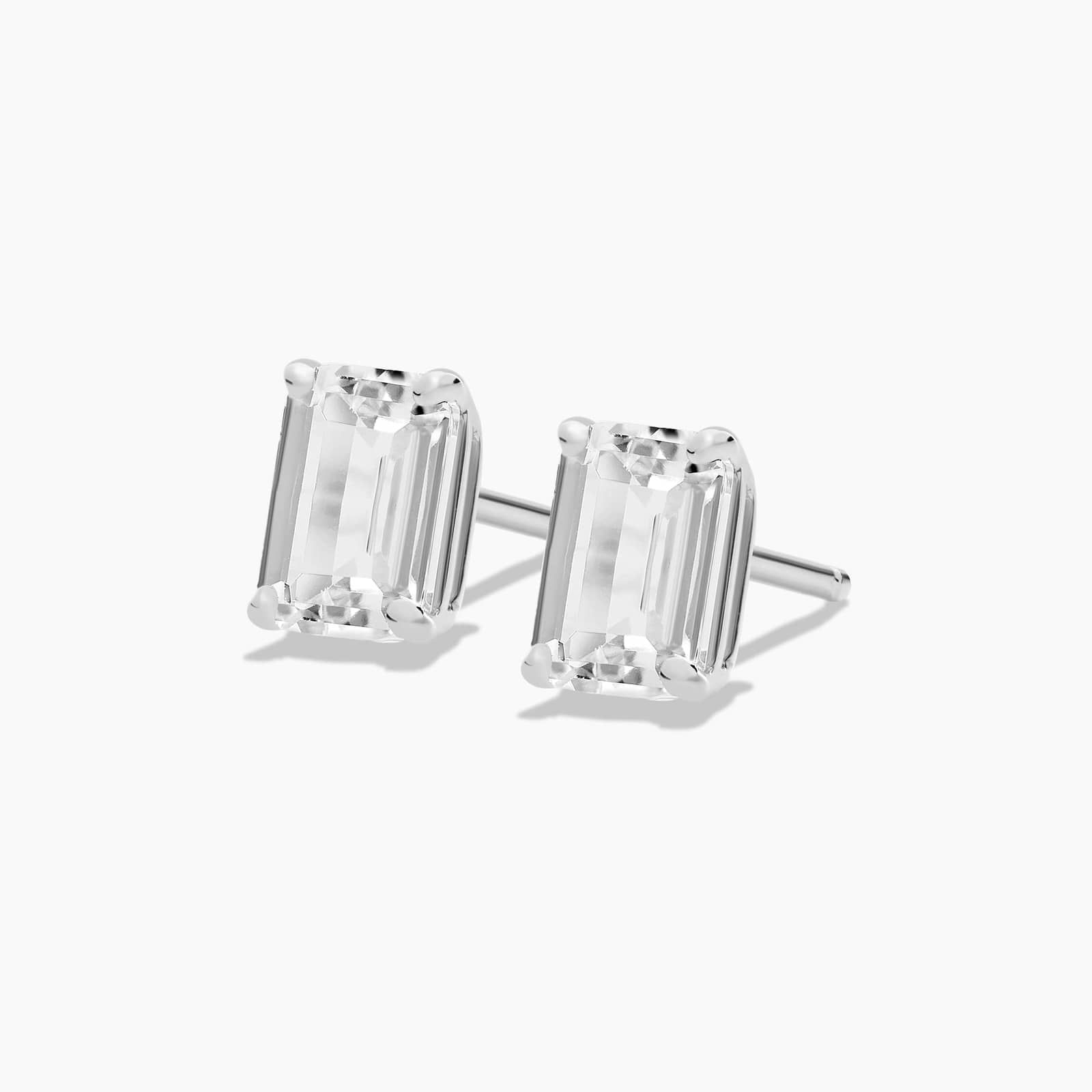 Emerald Cut White Topaz Birthstone Stud Earrings In 14K White Gold