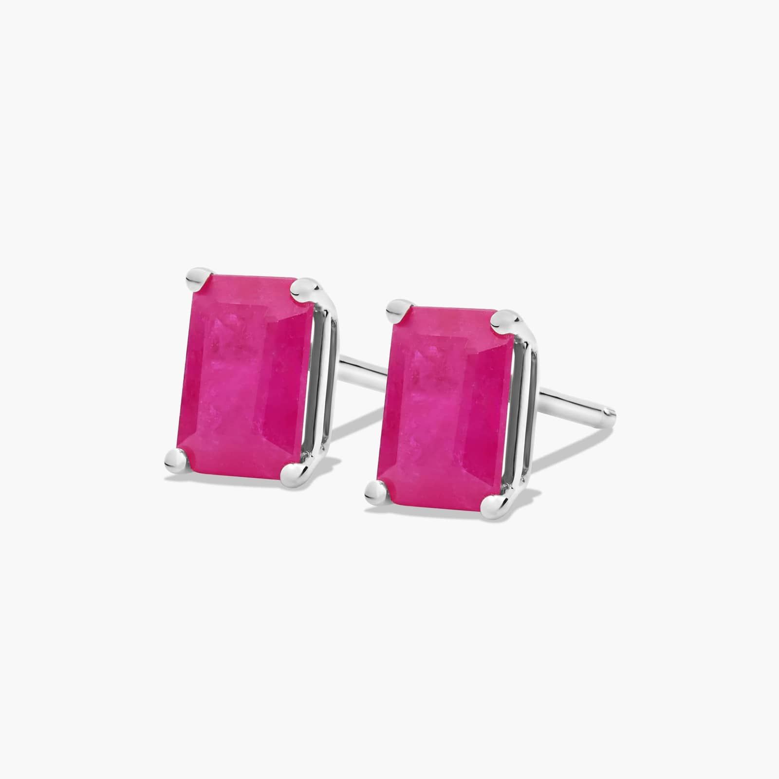 Emerald Cut Ruby Birthstone Stud Earrings In 14K White Gold