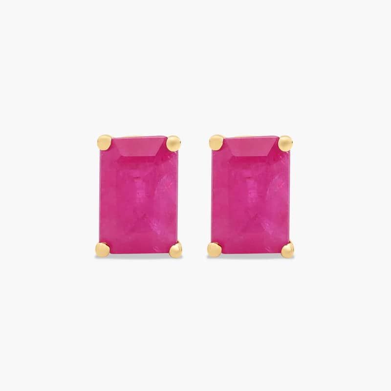 Emerald Cut Ruby Birthstone Stud Earrings In 14K Yellow Gold