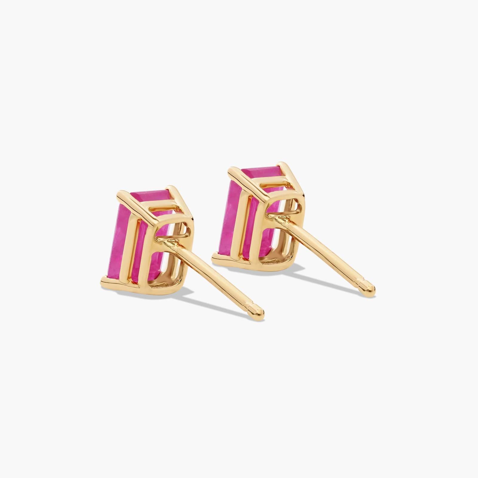 Emerald Cut Ruby Birthstone Stud Earrings In 14K Yellow Gold