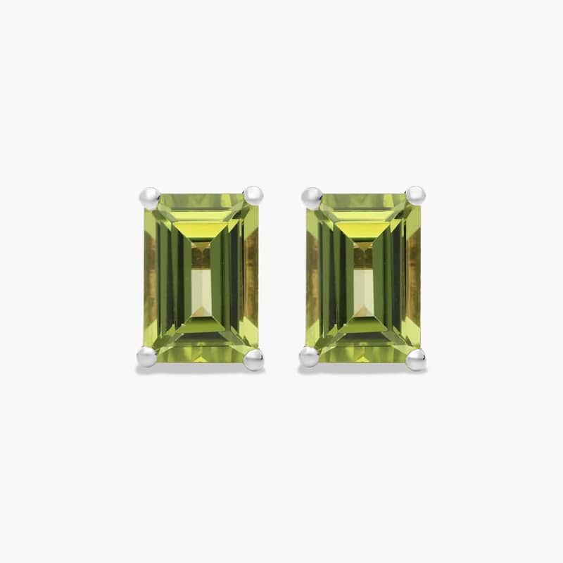 Emerald Cut Peridot Birthstone Stud Earrings In 14K White Gold