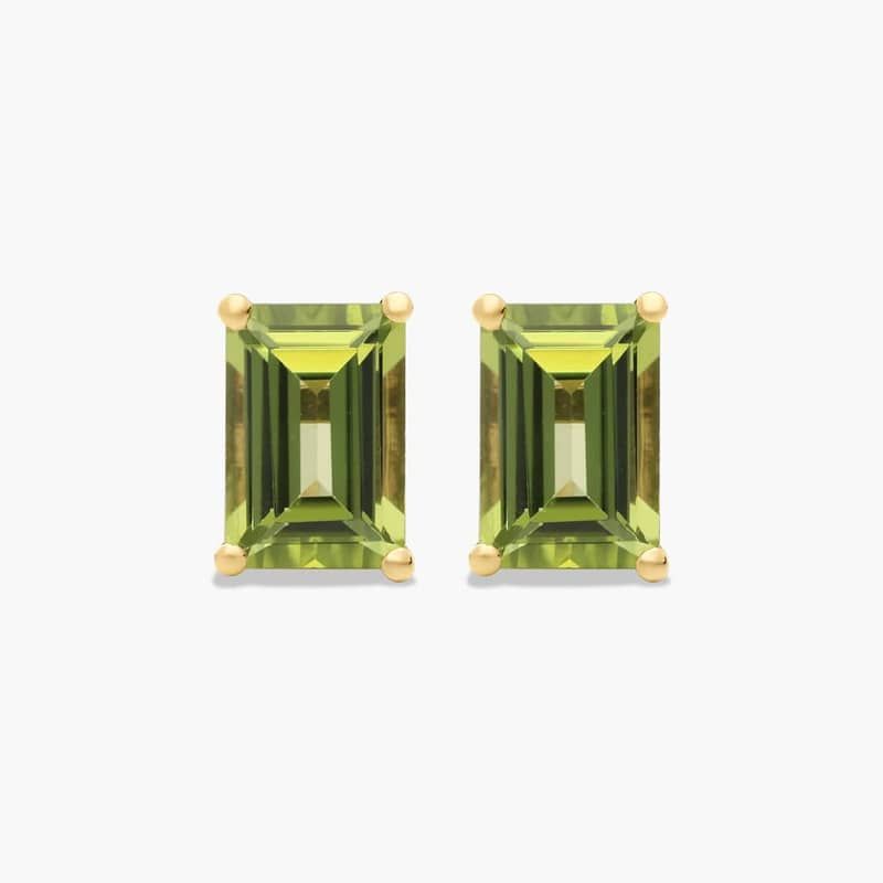 Emerald Cut Peridot Birthstone Stud Earrings In 14K Yellow Gold