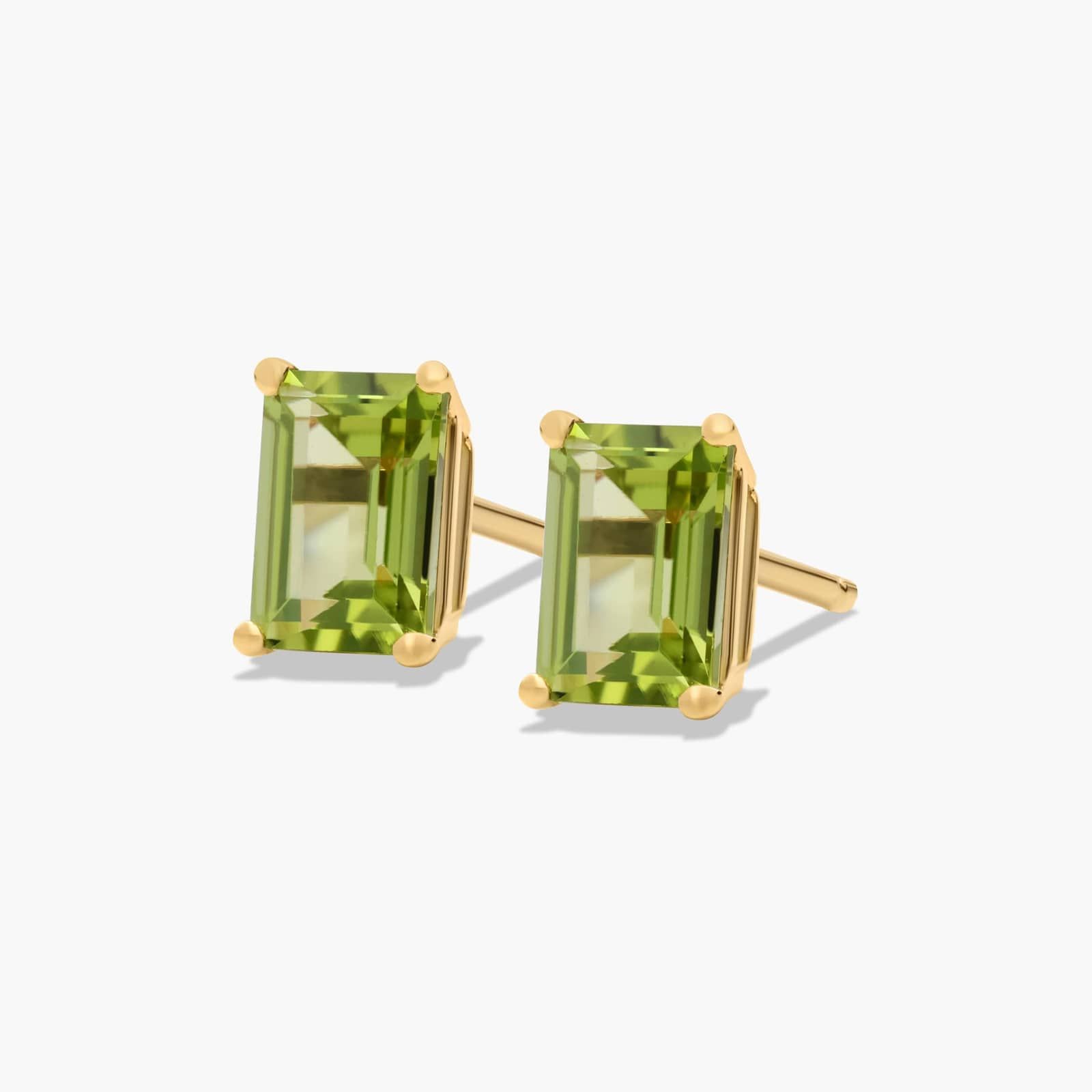 Emerald Cut Peridot Birthstone Stud Earrings In 14K Yellow Gold