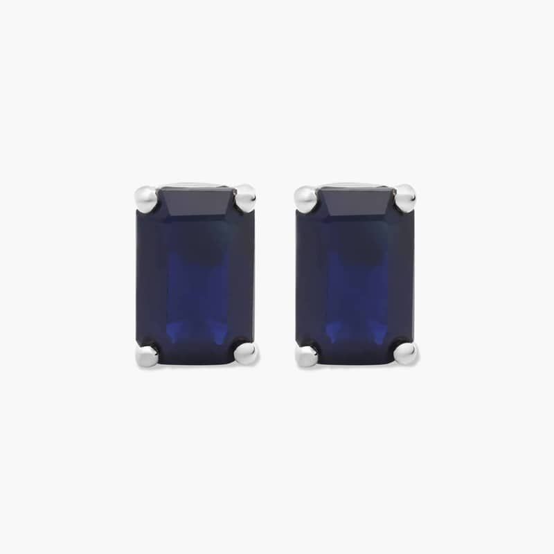 Emerald Cut Sapphire Birthstone Stud Earrings In 14K White Gold