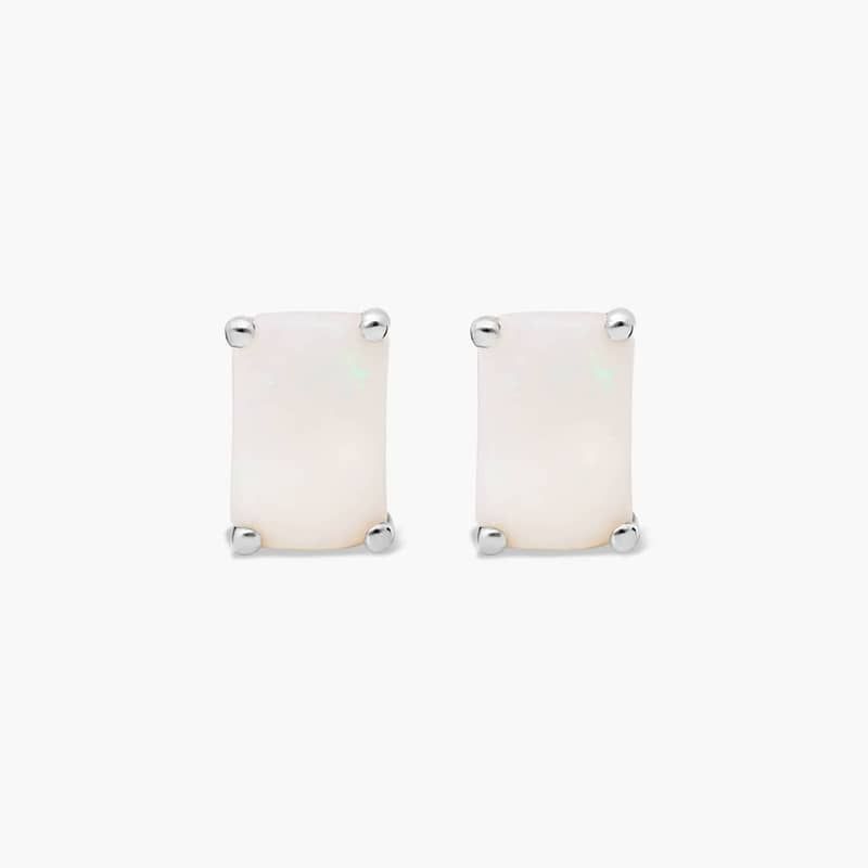 Emerald Cut Opal Birthstone Stud Earrings In 14K White Gold