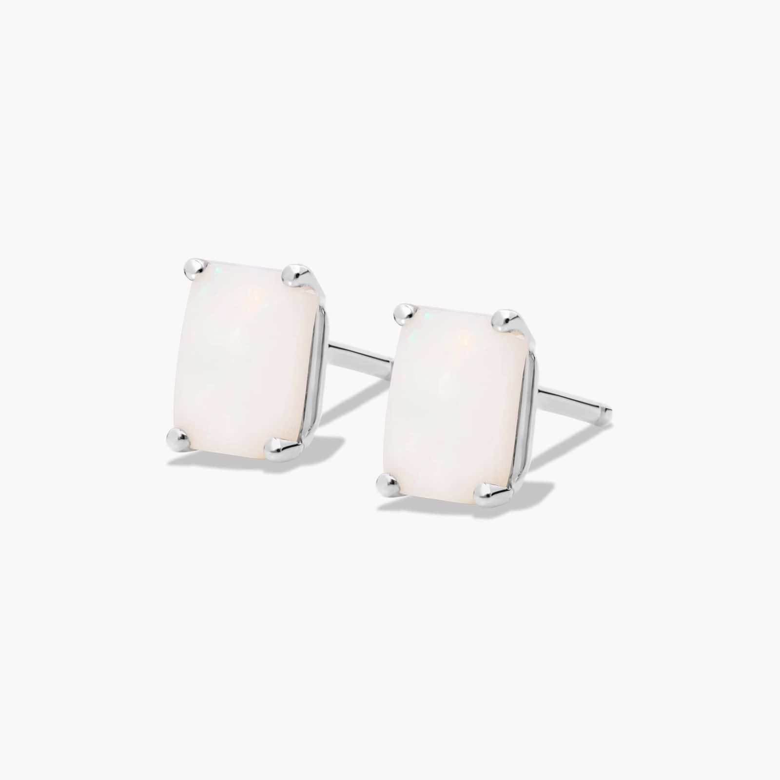 Emerald Cut Opal Birthstone Stud Earrings In 14K White Gold