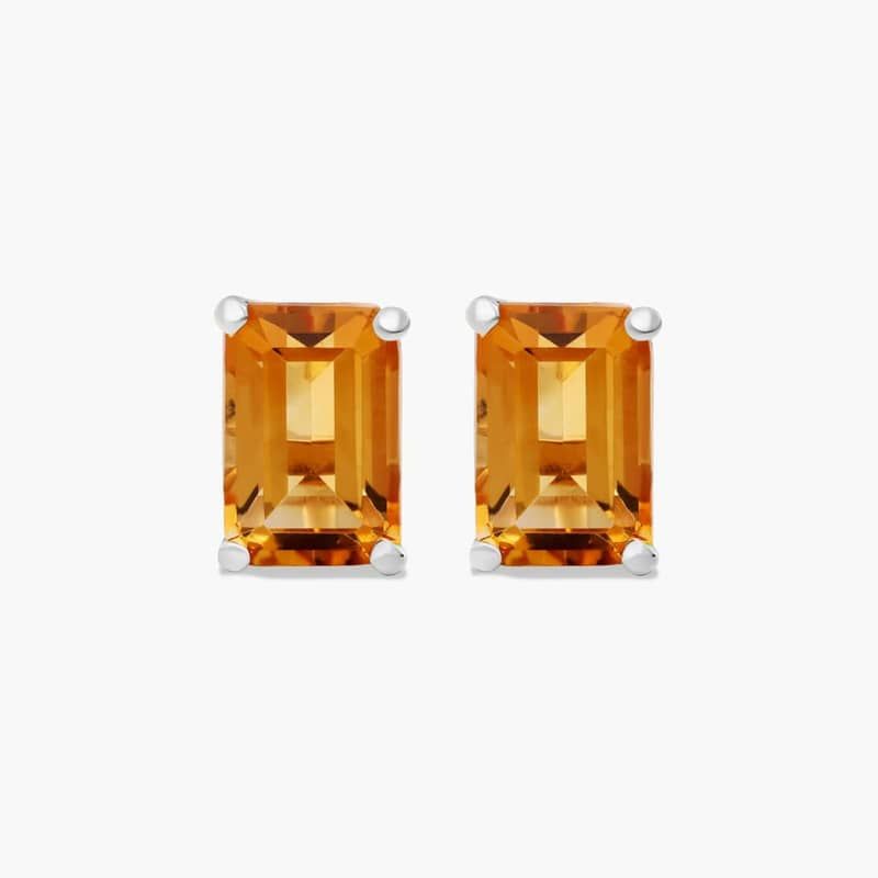 Emerald Cut Citrine Birthstone Stud Earrings In 14K White Gold