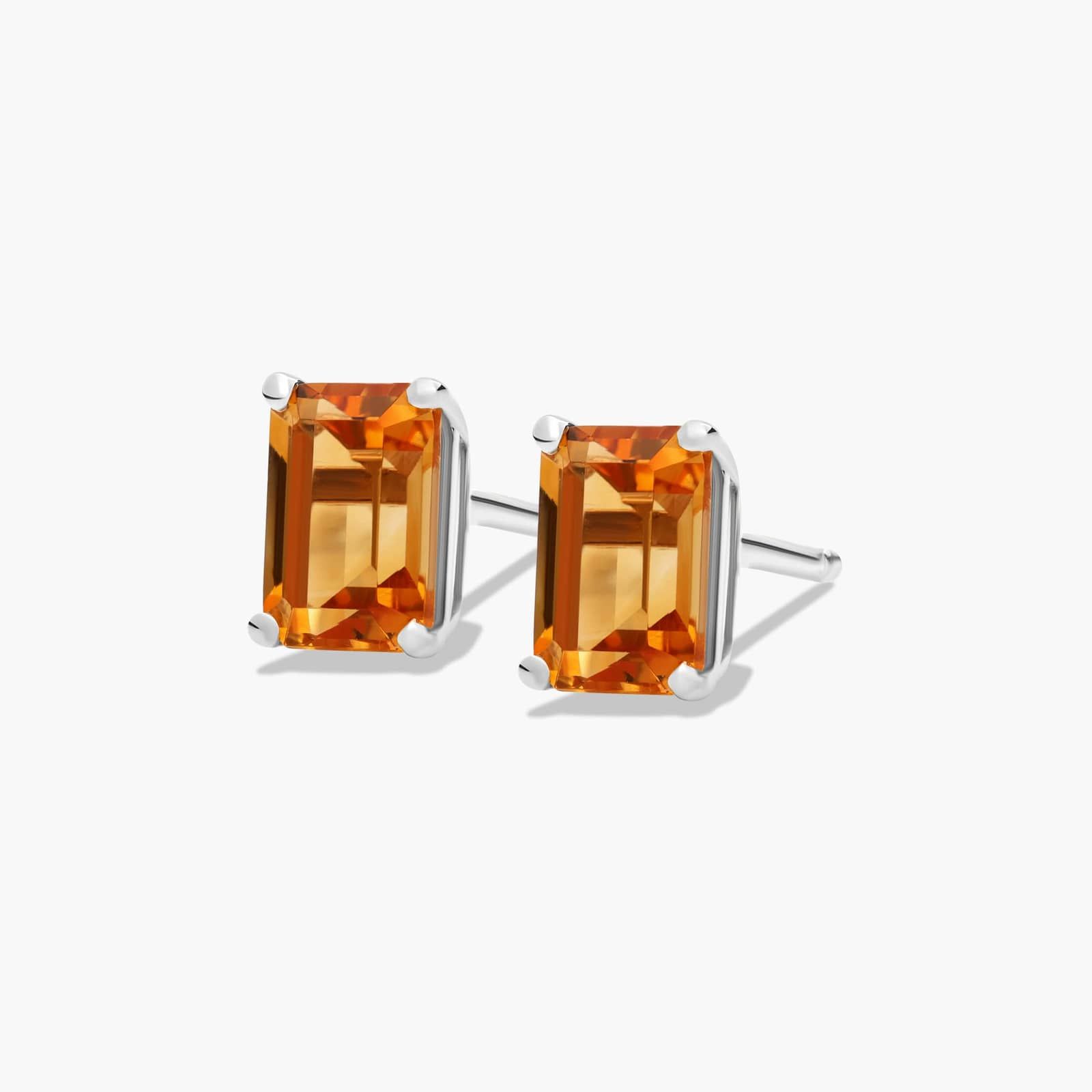 Emerald Cut Citrine Birthstone Stud Earrings In 14K White Gold