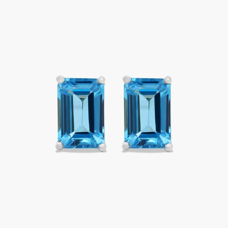 Emerald Cut Swiss Blue Topaz Birthstone Stud Earrings In 14K White Gold