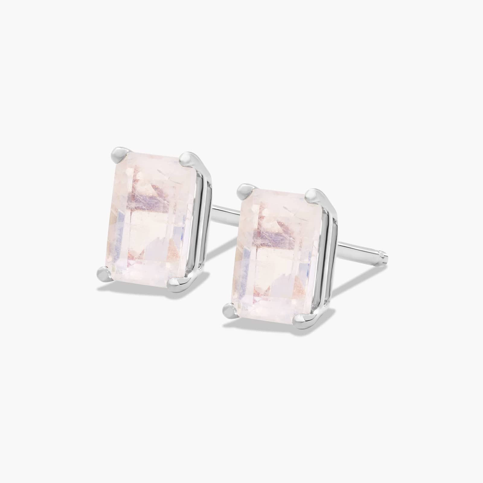 Emerald Cut Rainbow Moonstone Birthstone Stud Earrings In 14K White Gold