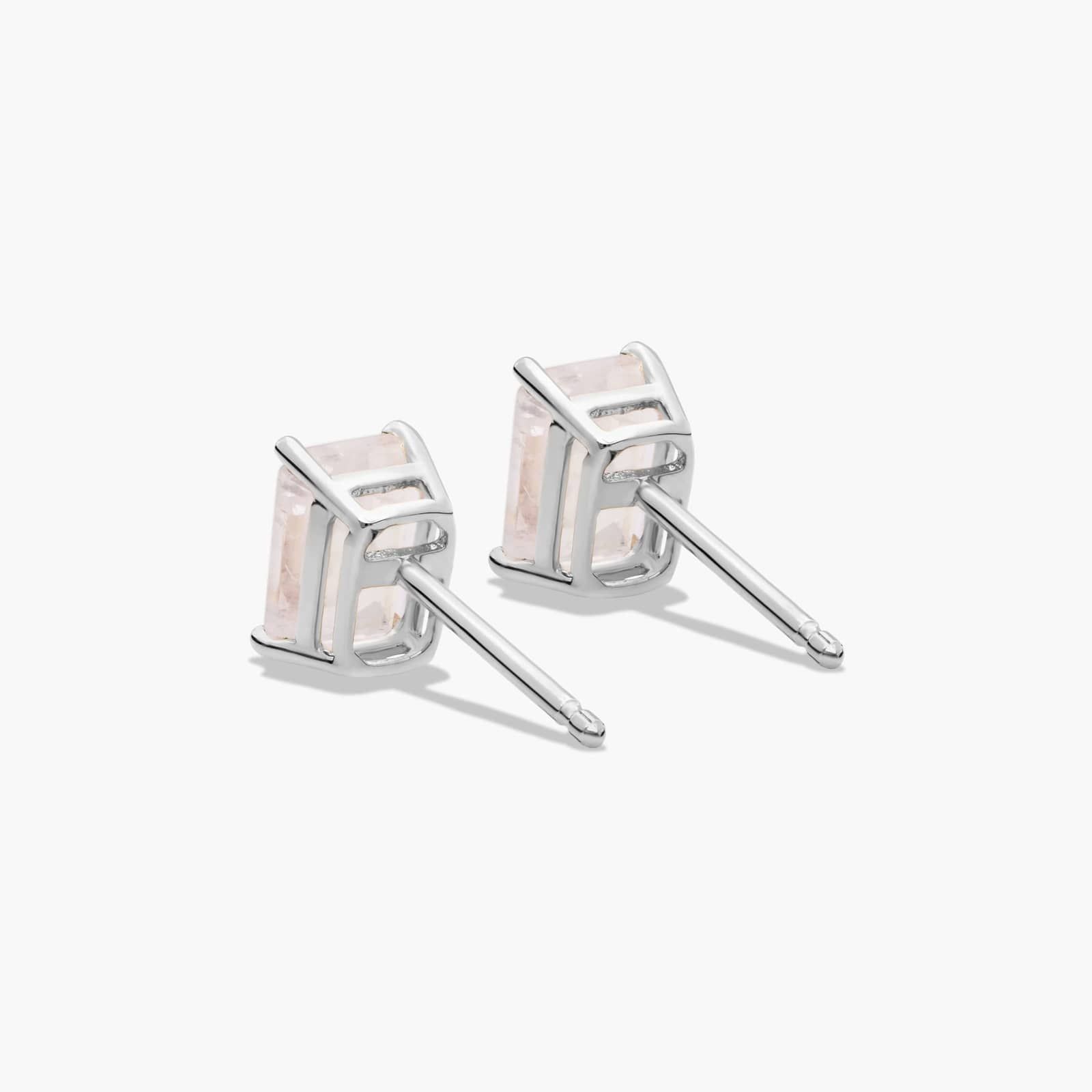 Emerald Cut Rainbow Moonstone Birthstone Stud Earrings In 14K White Gold