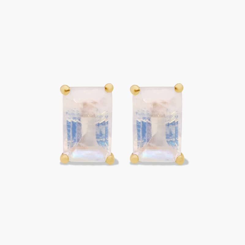 Emerald Cut Rainbow Moonstone Birthstone Stud Earrings In 14K Yellow Gold