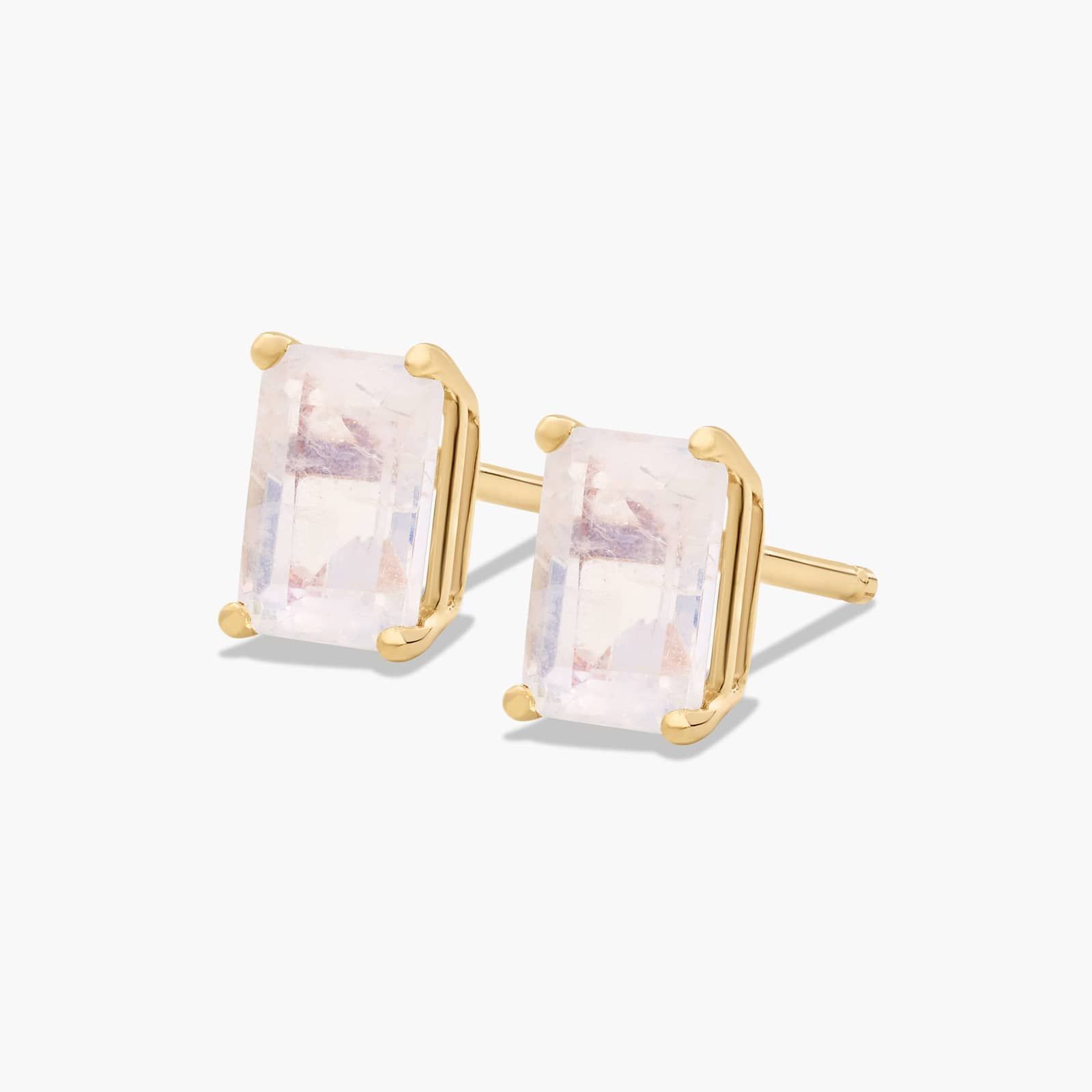 Emerald Cut Rainbow Moonstone Birthstone Stud Earrings In 14K Yellow Gold