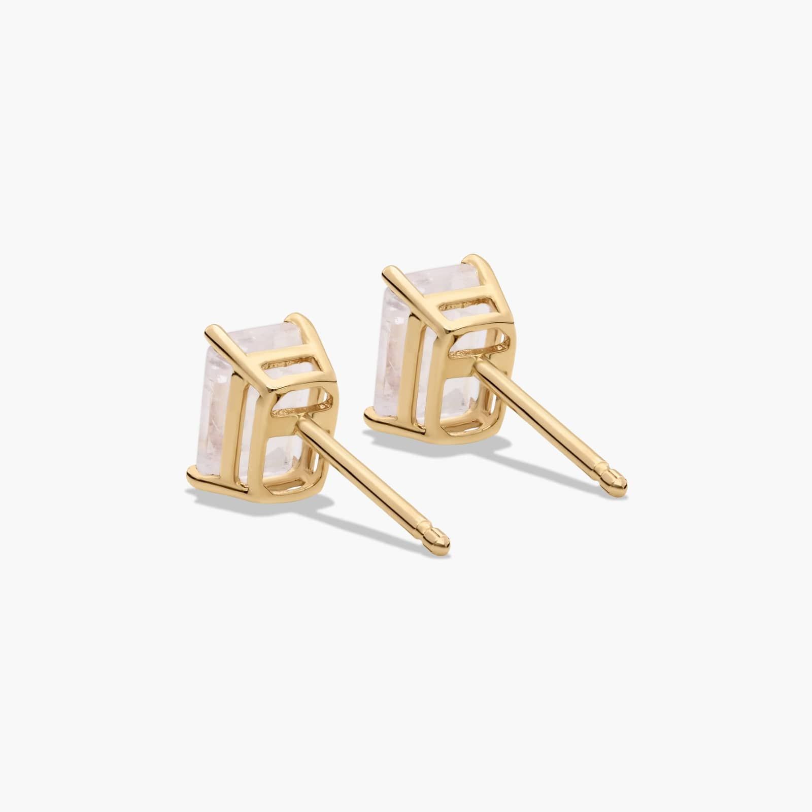 Emerald Cut Rainbow Moonstone Birthstone Stud Earrings In 14K Yellow Gold