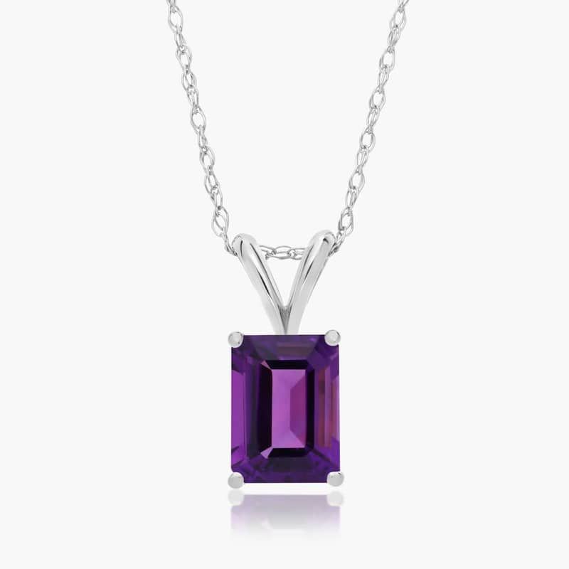 14K White Gold Emerald Cut Amethyst Birthstone Pendant Necklace