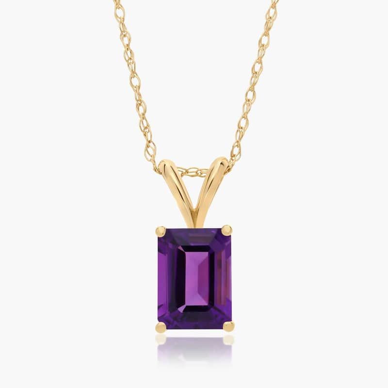 14K Yellow Gold Emerald Cut Amethyst Birthstone Pendant Necklace