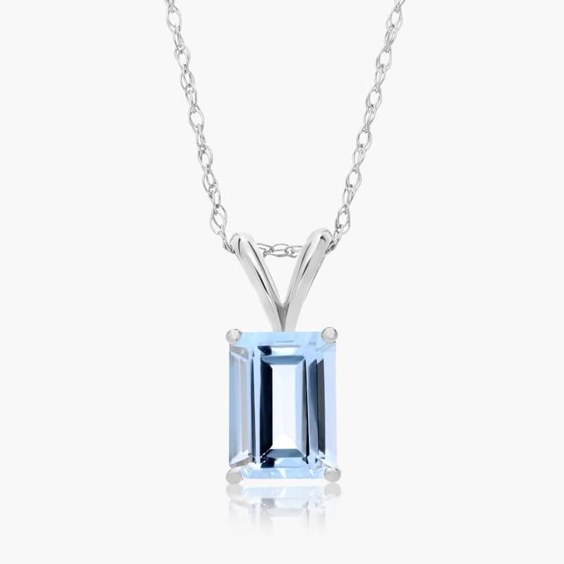 14K White Gold Emerald Cut Aquamarine Birthstone Pendant Necklace
