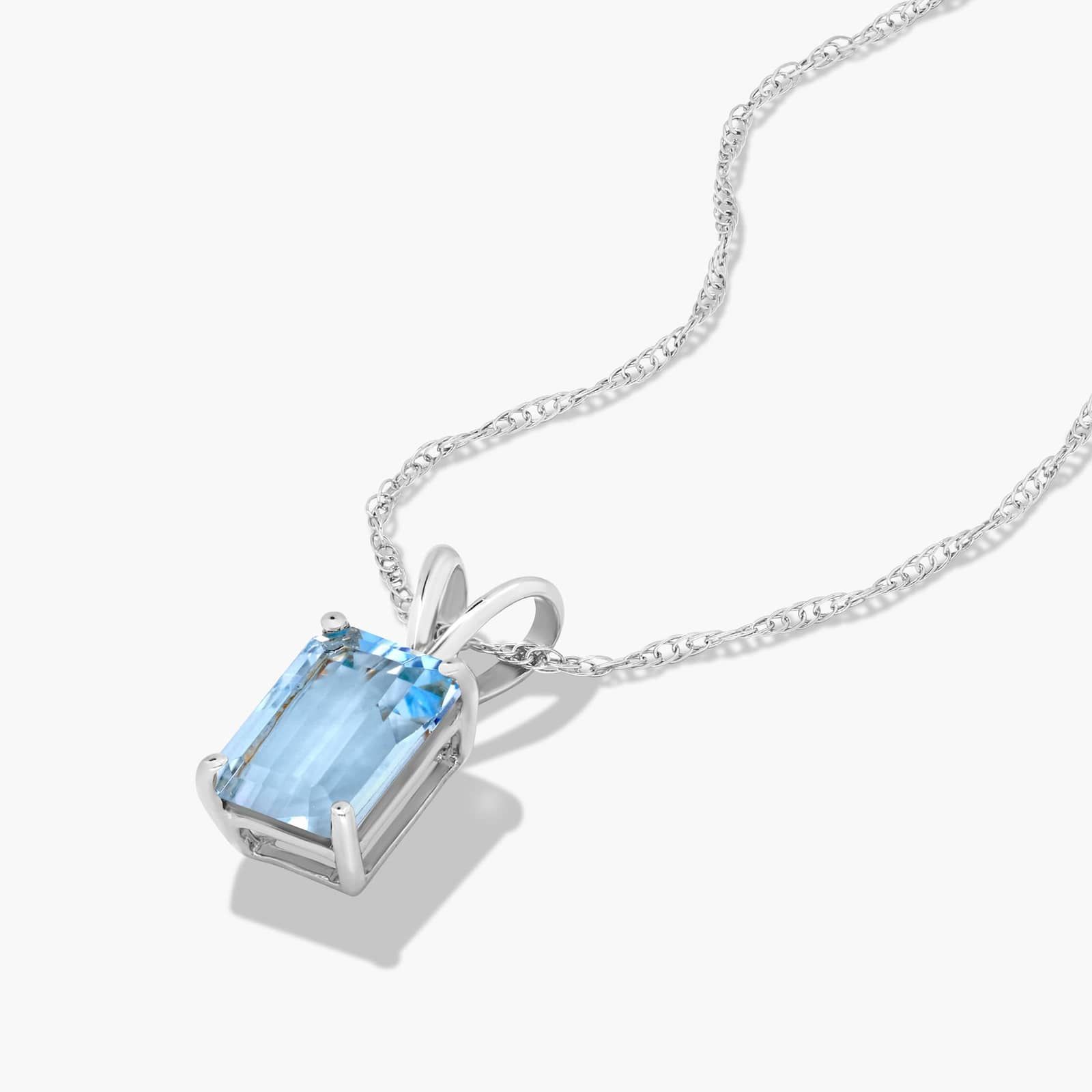 14K White Gold Emerald Cut Aquamarine Birthstone Pendant Necklace