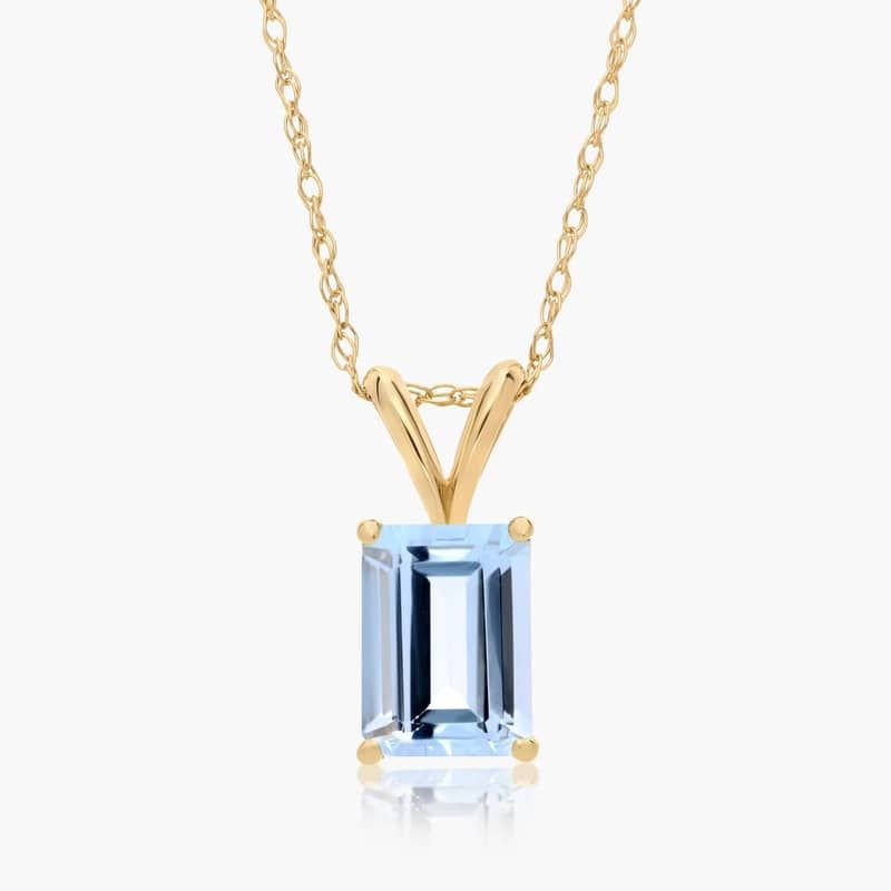 14K Yellow Gold Emerald Cut Aquamarine Birthstone Pendant Necklace