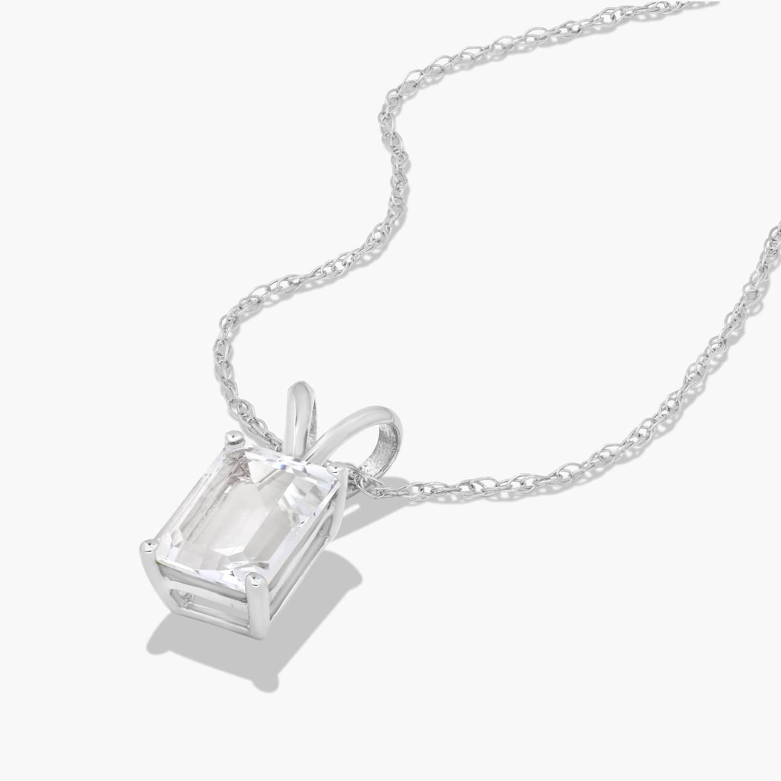 14K White Gold Emerald Cut White Topaz Birthstone Pendant Necklace