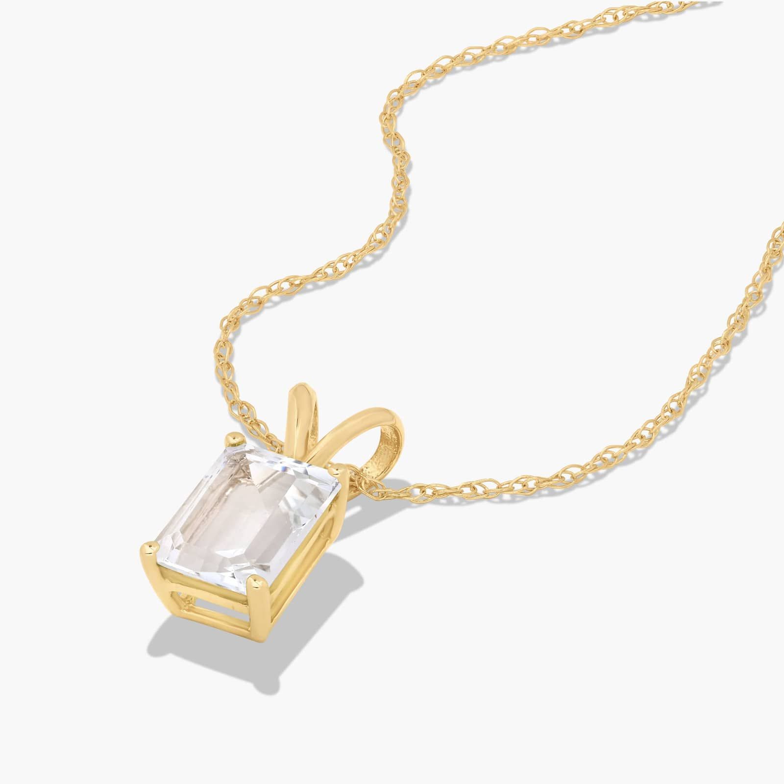 14K Yellow Gold Emerald Cut White Topaz Birthstone Pendant Necklace
