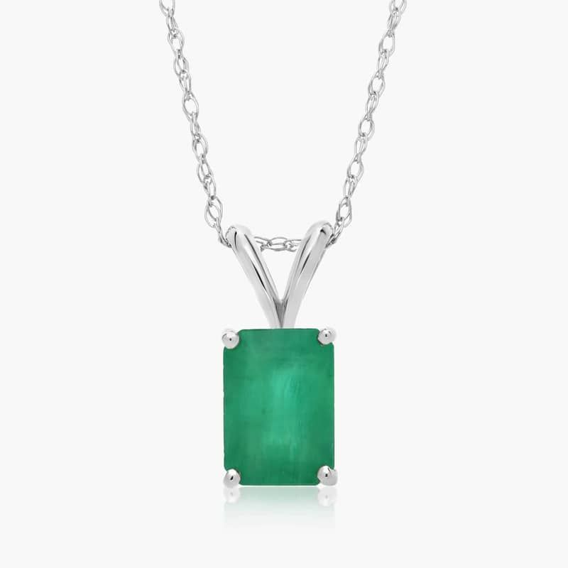 14K White Gold Emerald Cut Emerald Birthstone Pendant Necklace