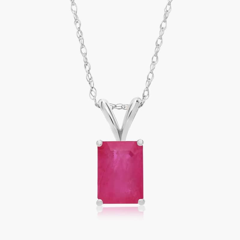 14K White Gold Emerald Cut Ruby Birthstone Pendant Necklace