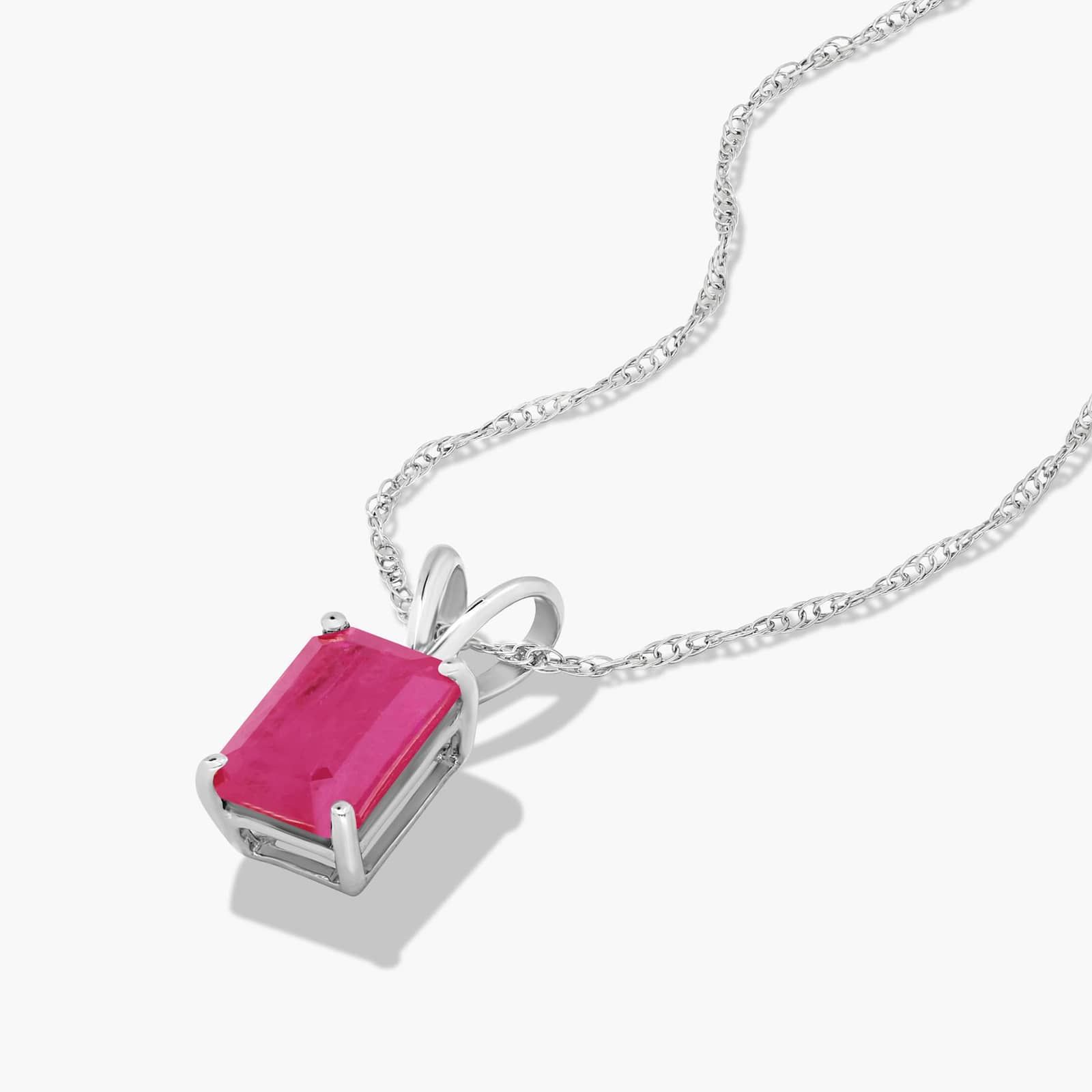14K White Gold Emerald Cut Ruby Birthstone Pendant Necklace