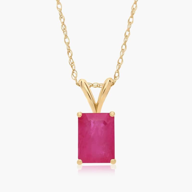 14K Yellow Gold Emerald Cut Ruby Birthstone Pendant Necklace