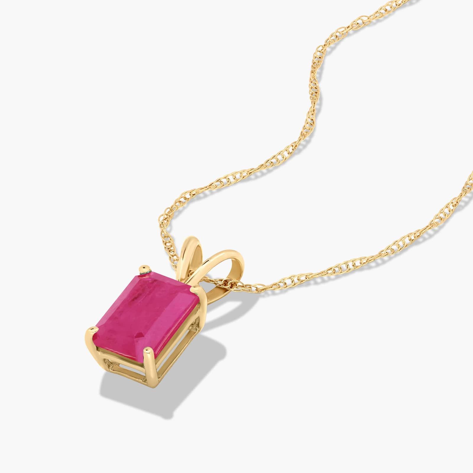 14K Yellow Gold Emerald Cut Ruby Birthstone Pendant Necklace
