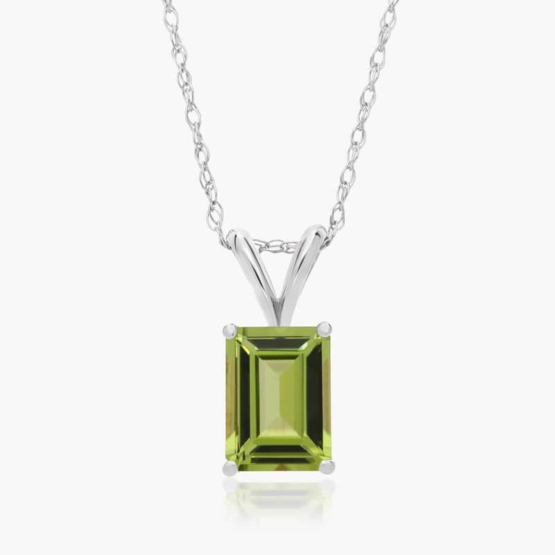 14K White Gold Emerald Cut Peridot Birthstone Pendant Necklace
