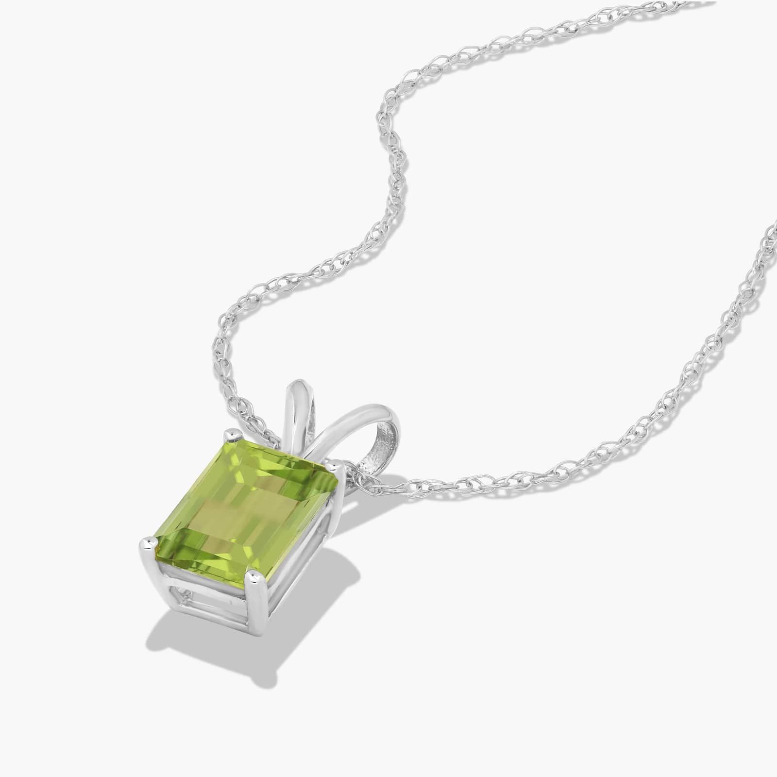 14K White Gold Emerald Cut Peridot Birthstone Pendant Necklace