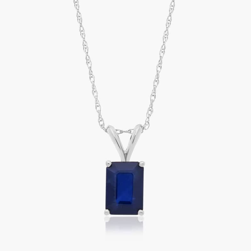 14K White Gold Emerald Cut Sapphire Birthstone Pendant Necklace