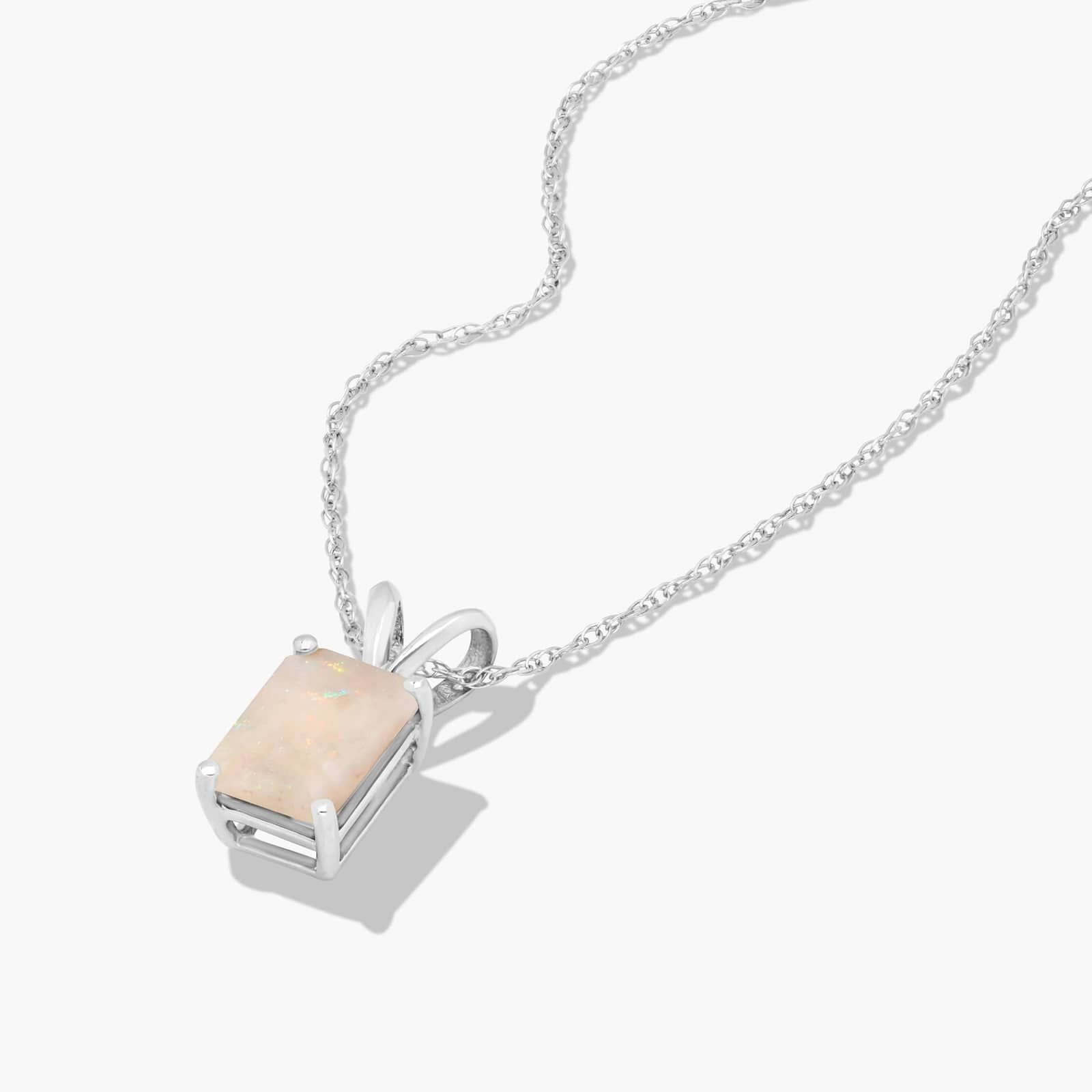 14K White Gold Emerald Cut Opal Birthstone Pendant Necklace