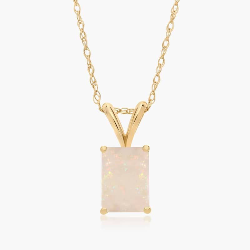 14K Yellow Gold Emerald Cut Opal Birthstone Pendant Necklace