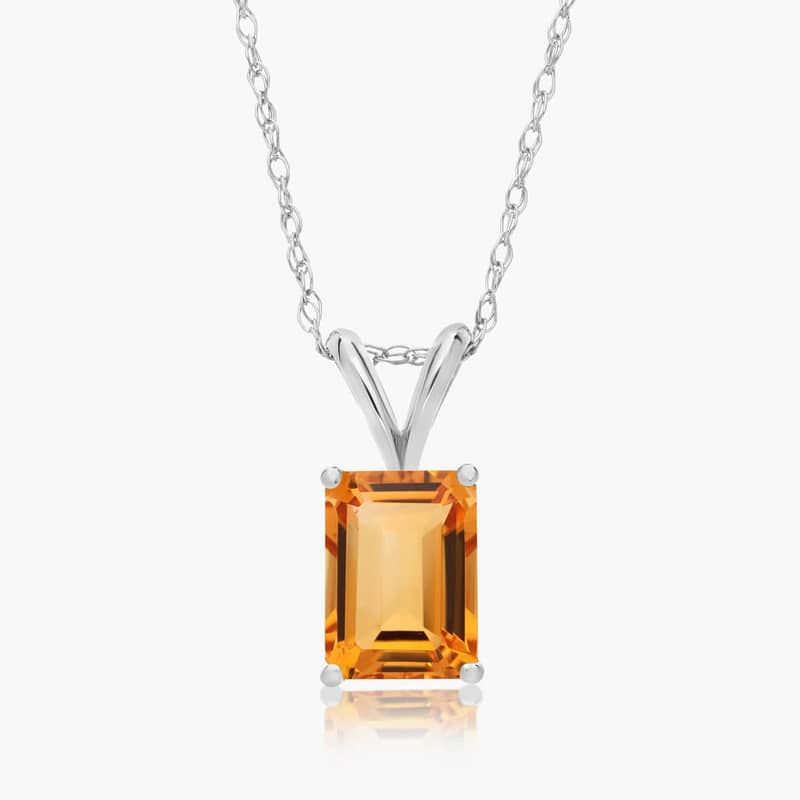 14K White Gold Emerald Cut Citrine Birthstone Pendant Necklace