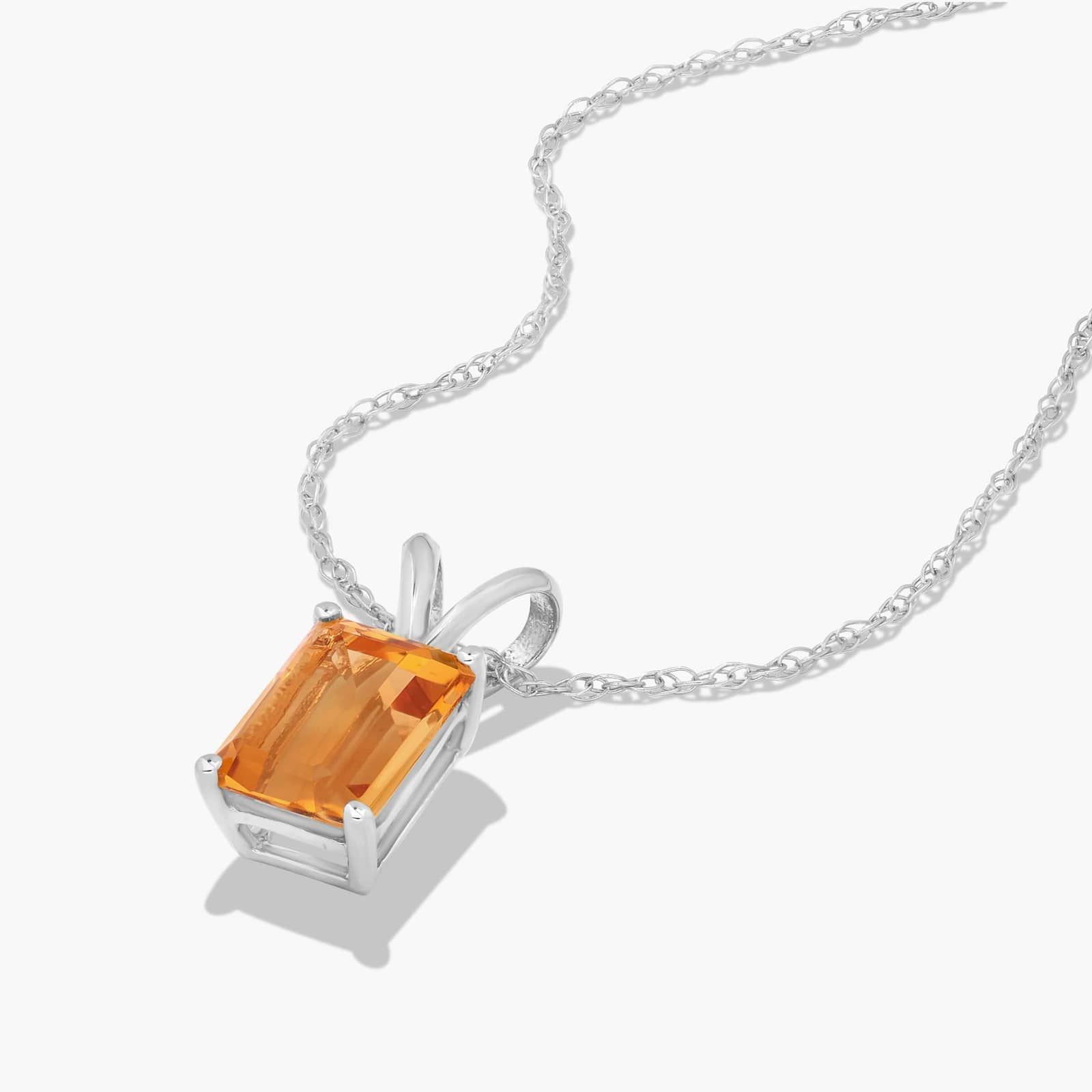 14K White Gold Emerald Cut Citrine Birthstone Pendant Necklace