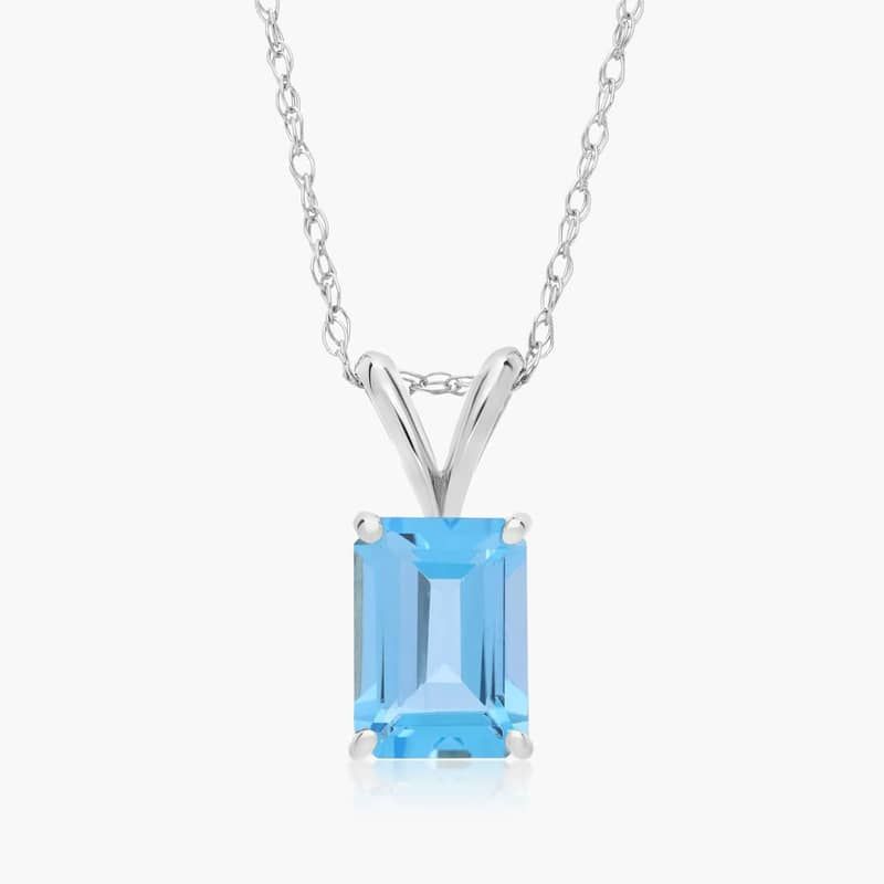 14K White Gold Emerald Cut Swiss Blue Topaz Birthstone Pendant Necklace