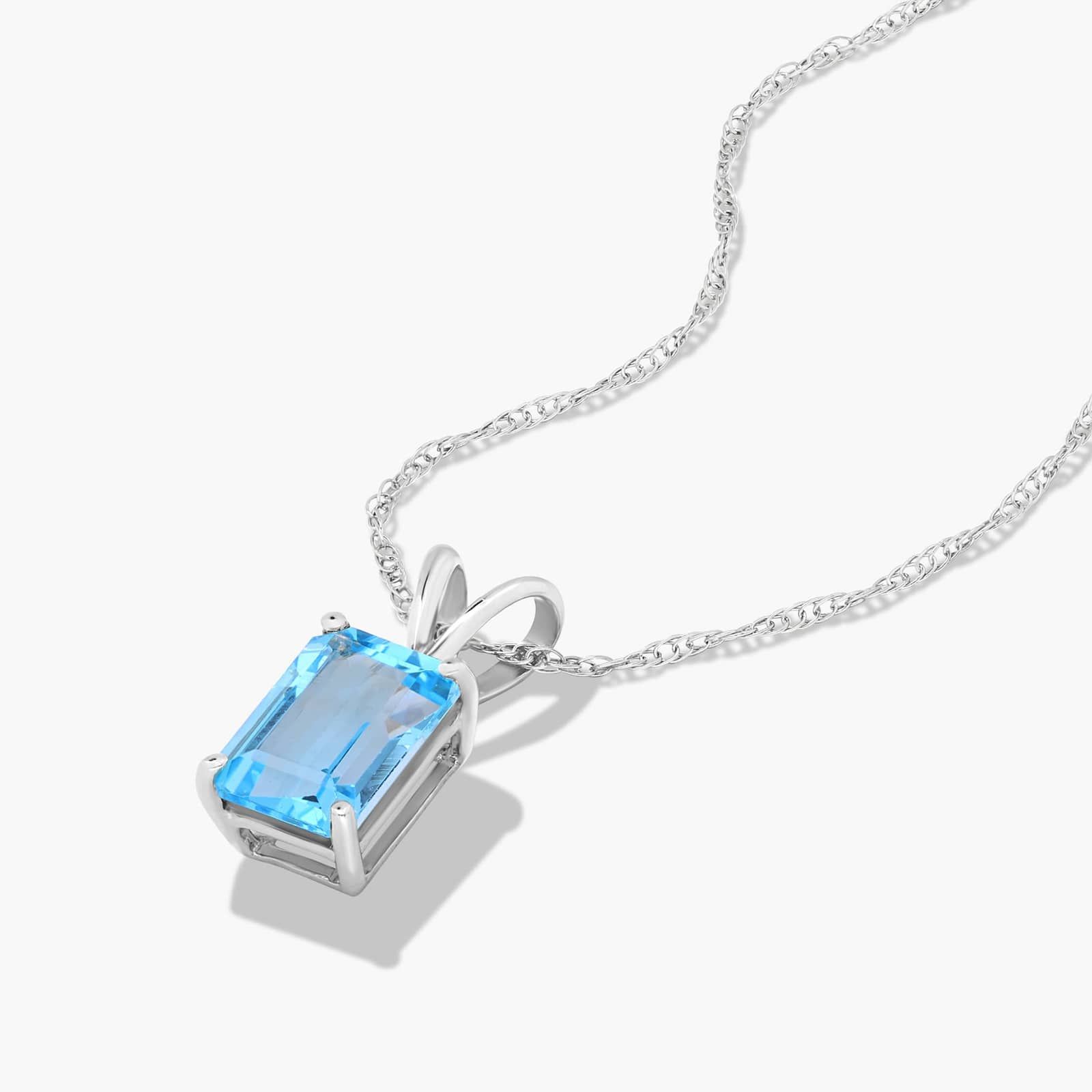 14K White Gold Emerald Cut Swiss Blue Topaz Birthstone Pendant Necklace