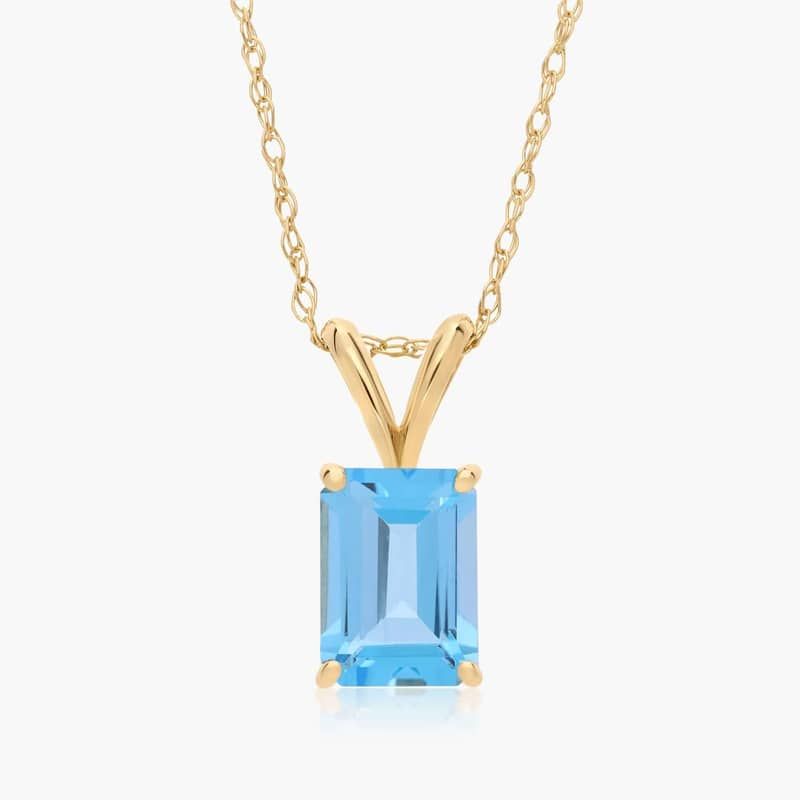 14K Yellow Gold Emerald Cut Swiss Blue Topaz Birthstone Pendant Necklace