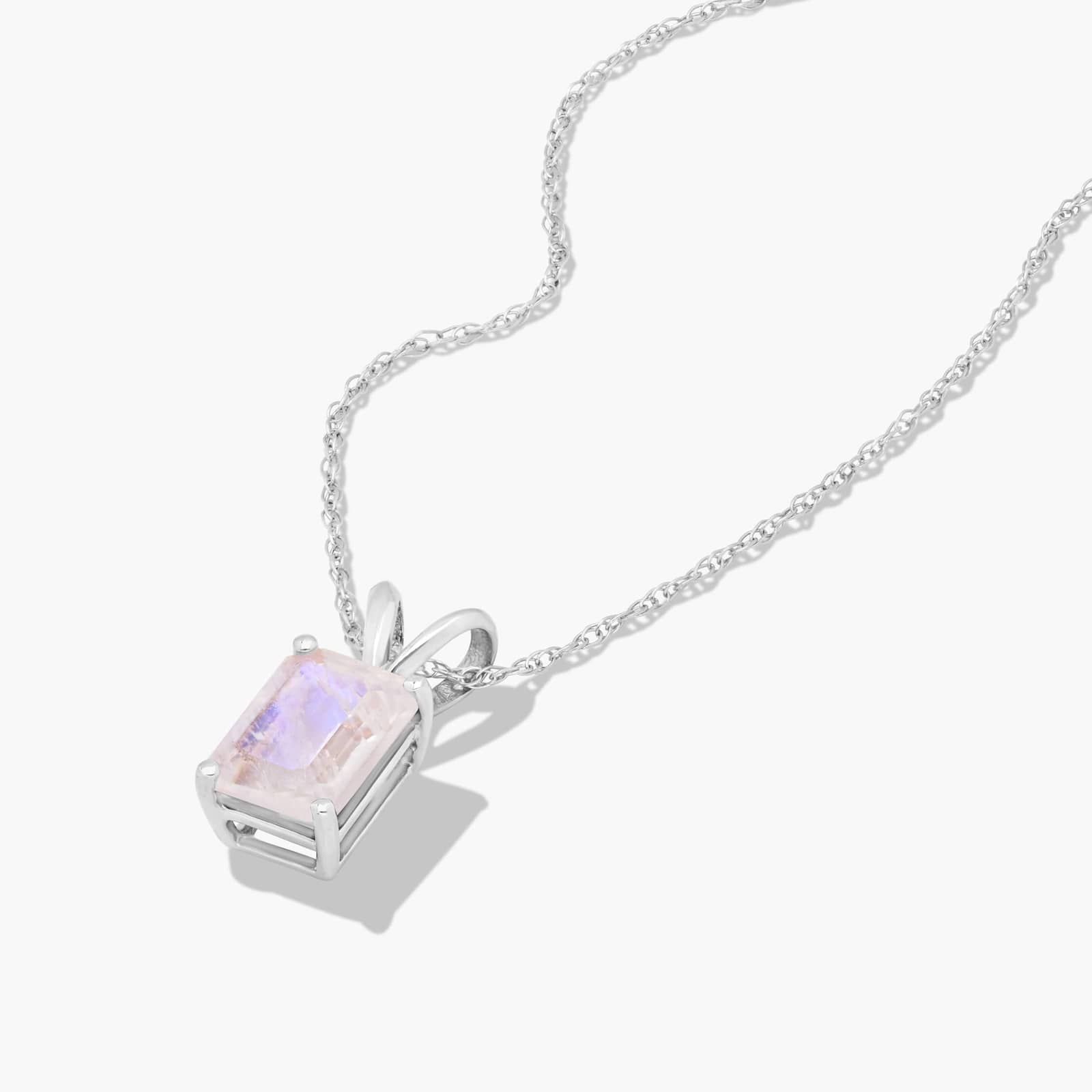14K White Gold Emerald Cut Rainbow Moonstone Birthstone Pendant Necklace