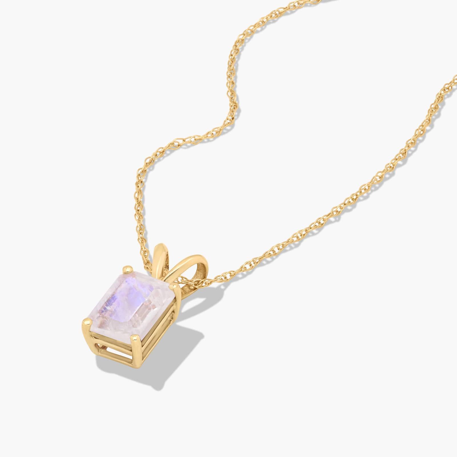 14K Yellow Gold Emerald Cut Rainbow Moonstone Birthstone Pendant Necklace