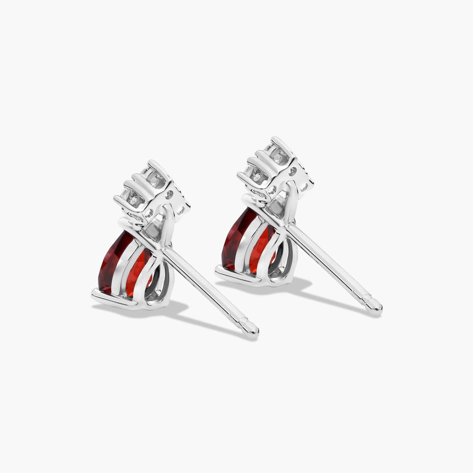 Pear Shape Garnet And Tri-Diamond Stud Earrings In 14K White Gold