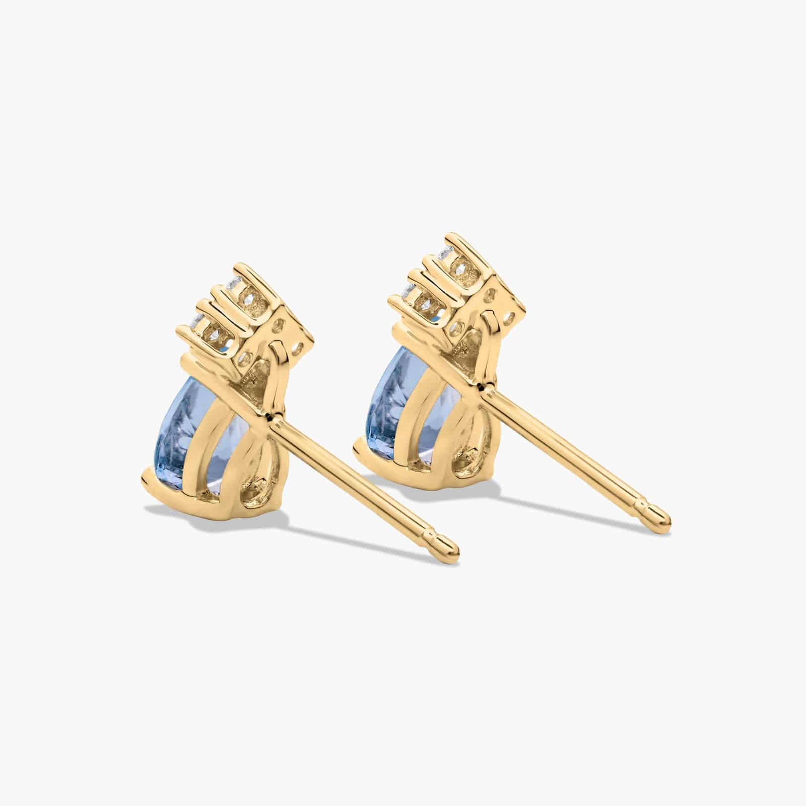 Pear Shape Aquamarine And Tri-Diamond Stud Earrings In 14K Yellow Gold