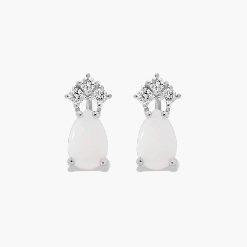 Pear Shape Opal And Tri-Diamond Stud Earrings In 14K White Gold
