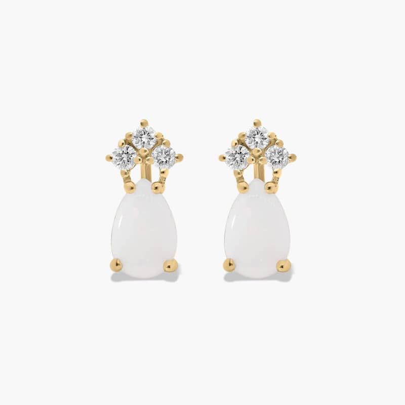 Pear Shape Opal And Tri-Diamond Stud Earrings In 14K Yellow Gold